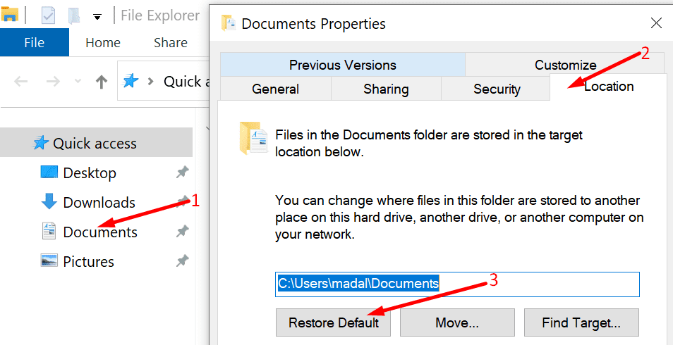 mengembalikan folder dokumen default
