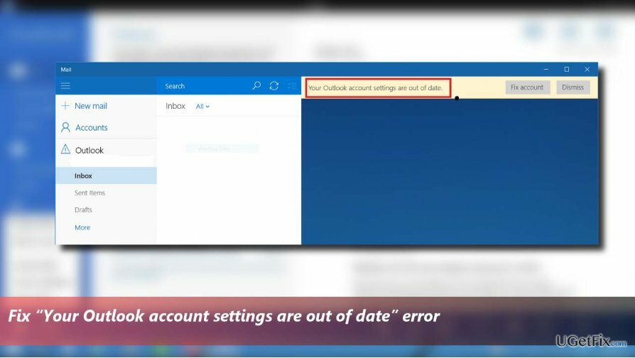  Tisková obrazovka s chybou „Nastavení vašeho účtu Outlook jsou zastaralá“.