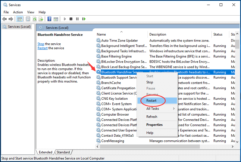 Bluetoothサポートサービスを再起動します