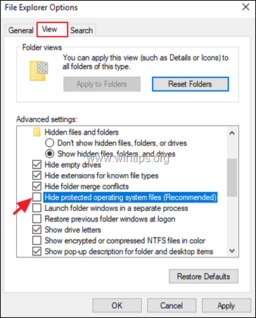 Mostrar arquivos de sistema do Windows 10-8