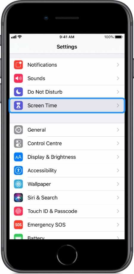 Option de temps d'écran dans les paramètres sur iPhone 8