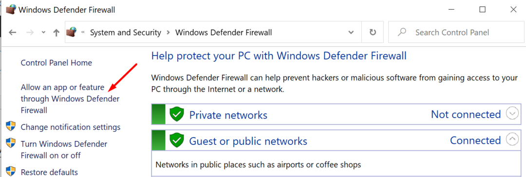 Leiskite programai arba funkcijai per „Windows Defender“ užkardą