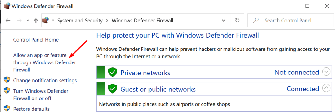 Дозволити програму або функцію через брандмауер Windows Defender