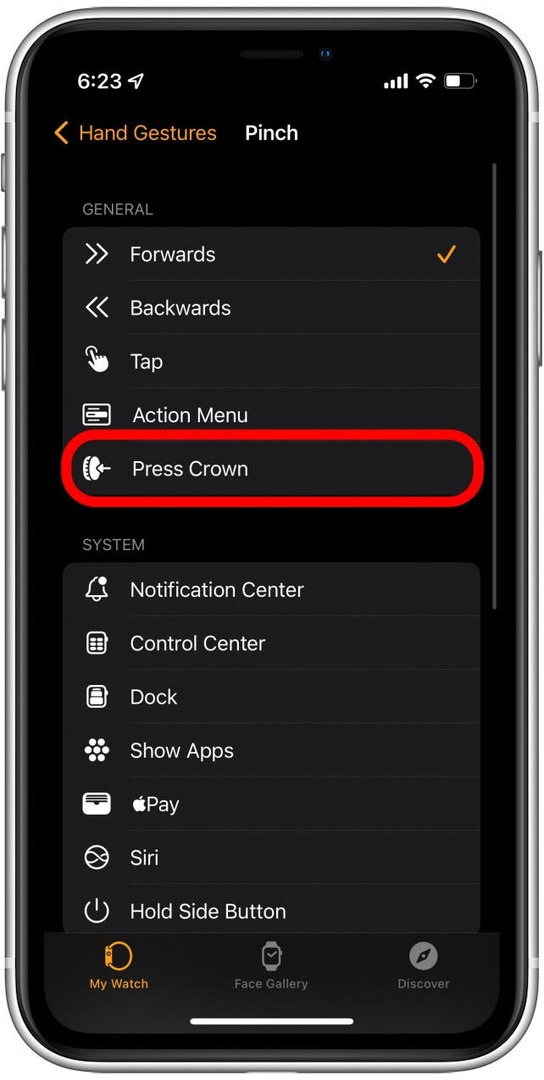 Crown'a basın'a dokunun. Şu andan itibaren, Sıkıştırma hareketi Digital Crown'a basılmasını simüle edecek.