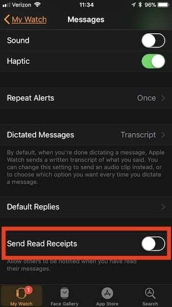 Ativar ou desativar recibos de leitura no Apple Watch