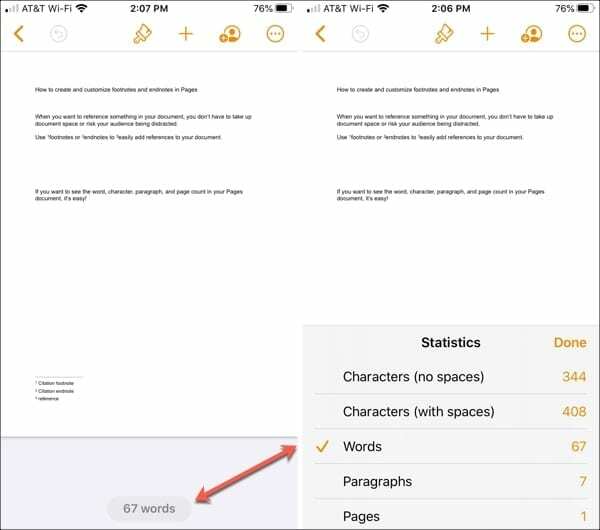 Lehekülgede Word Count-iPhone