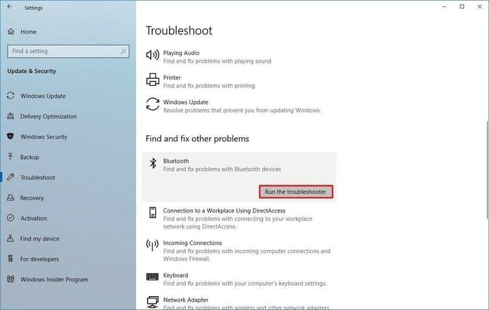 Execute o solucionador de problemas de Bluetooth