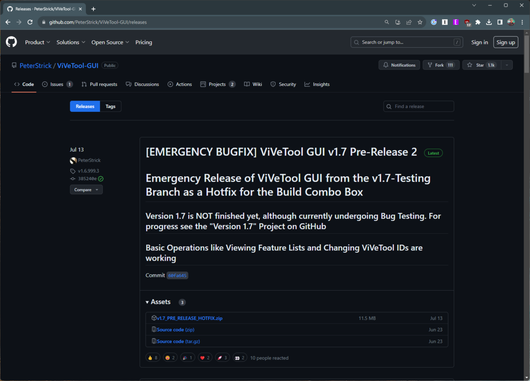 Pagina di download GitHub della GUI di ViveTool