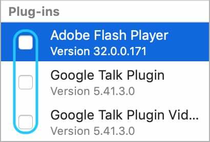 Deaktivierte Plug-Ins in den Einstellungen für Safari-Websites.