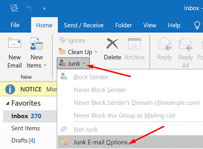 Outlook-sampah-email-opsi