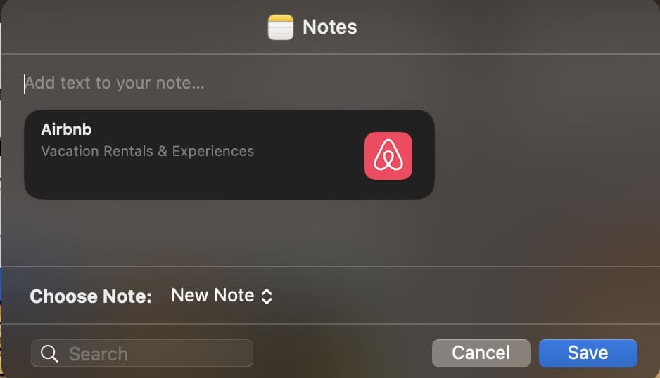 Знімок екрана посилання на додаток Apple Notes