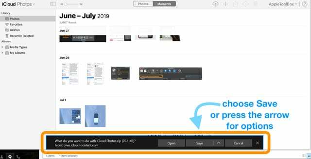 iCloud.com บันทึกตัวเลือกสำหรับการดาวน์โหลดบน Windows PC