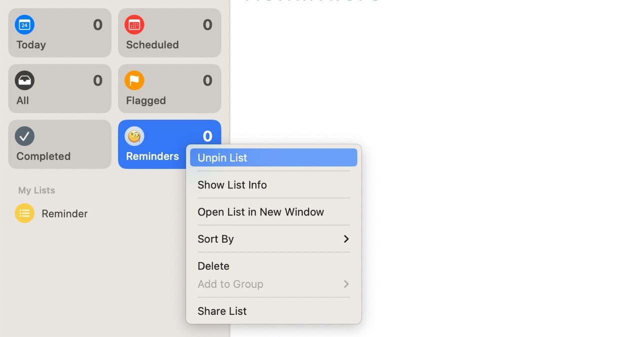 Screenshot, der zeigt, wie Listen in Erinnerungen unter macOS gelöst werden