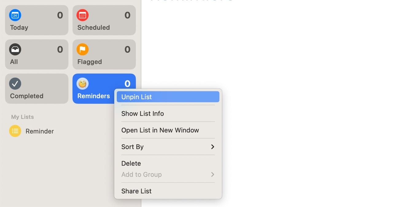 Снимок экрана, показывающий, как открепить списки в «Напоминаниях» в macOS