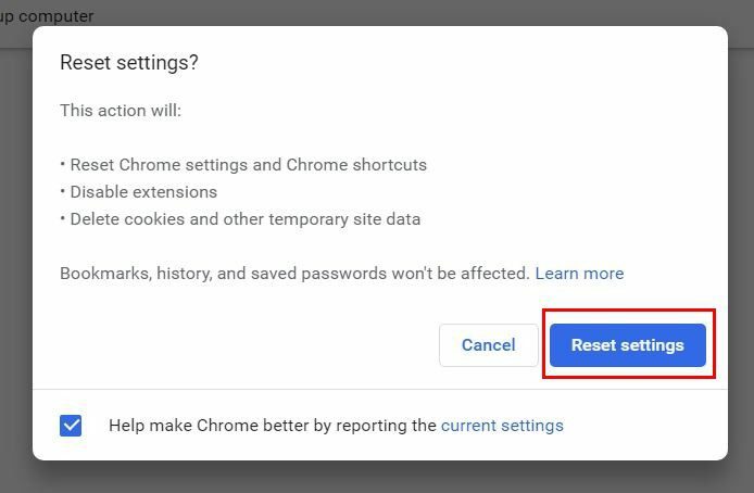 إعدادات إعادة تعيين Chrome