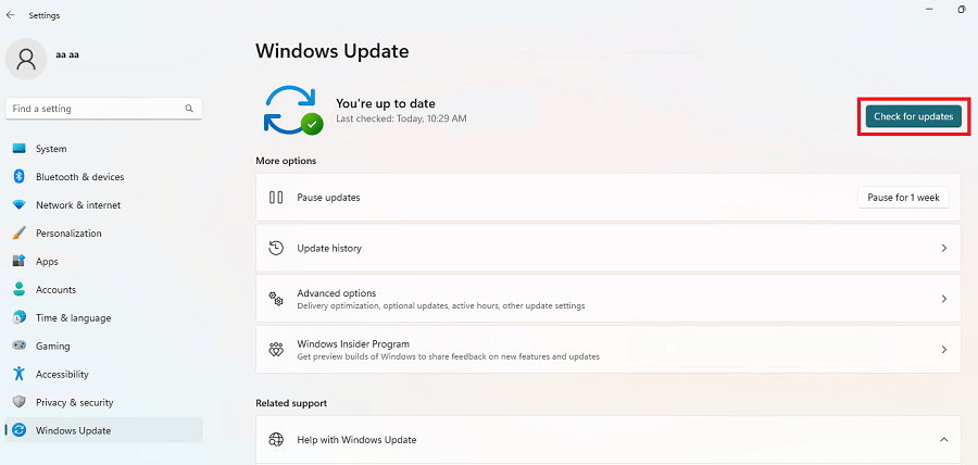 Klikk på Se etter oppdateringer Windows 11-knappen