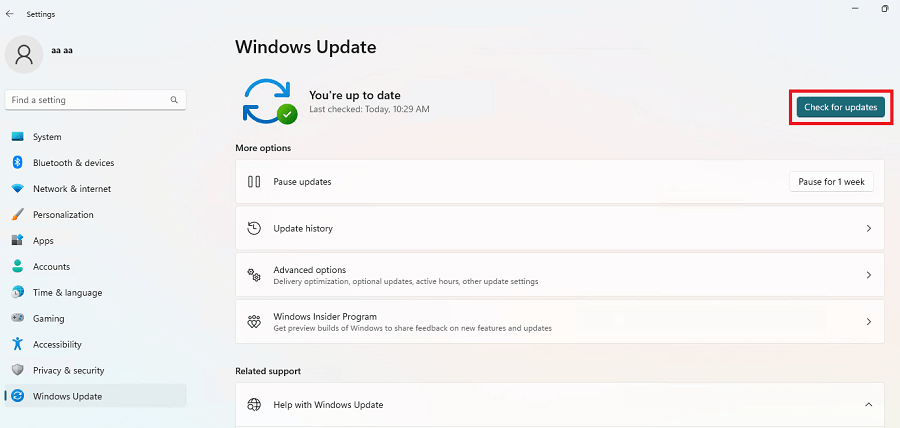 Spustelėkite mygtuką Tikrinti, ar yra naujinimų „Windows 11“.