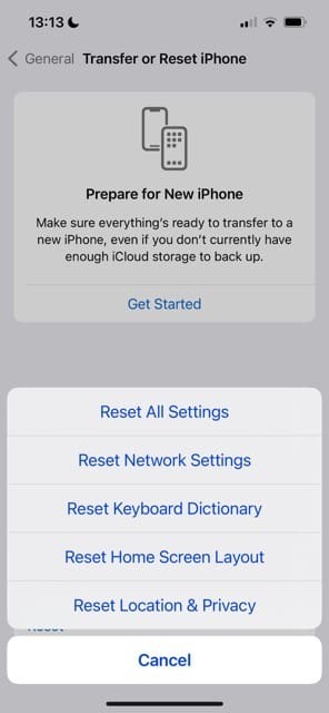 Екранна снимка на iPhone Reset Network Settings