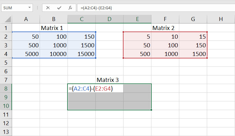 การลบเมทริกซ์ใน Excel