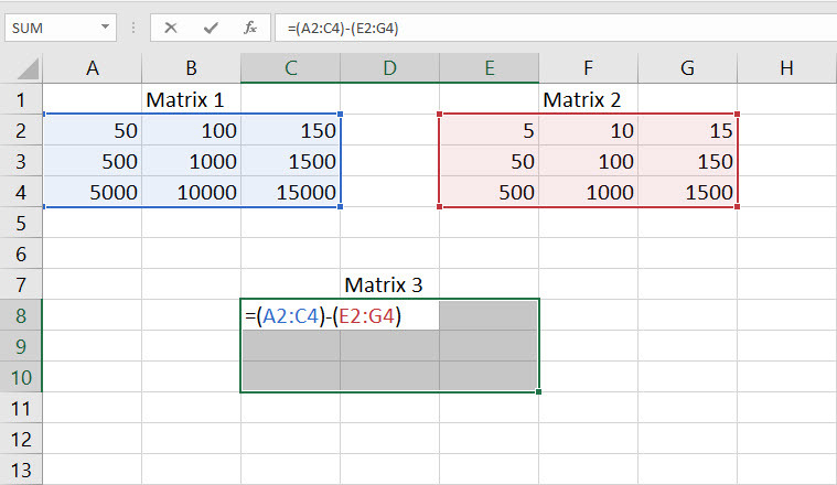 Subtrahera matriser i Excel