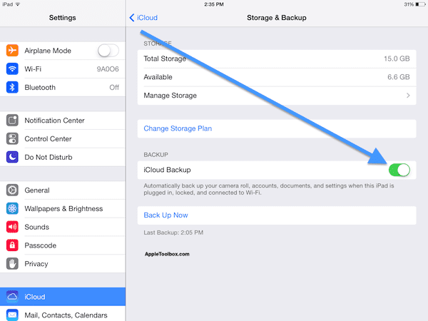 Slå iCloud backup iOS til