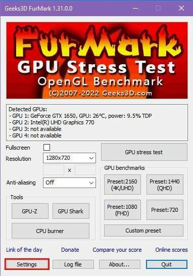 Interfaccia utente di Furmark che controlla le opzioni di integrità della GPU