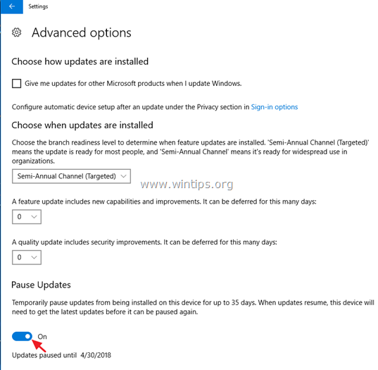 pausar atualizações do windows 10