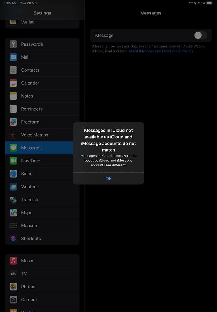 Zrzut ekranu dotyczący błędu Wiadomości w iCloud niedostępnego na iPadzie