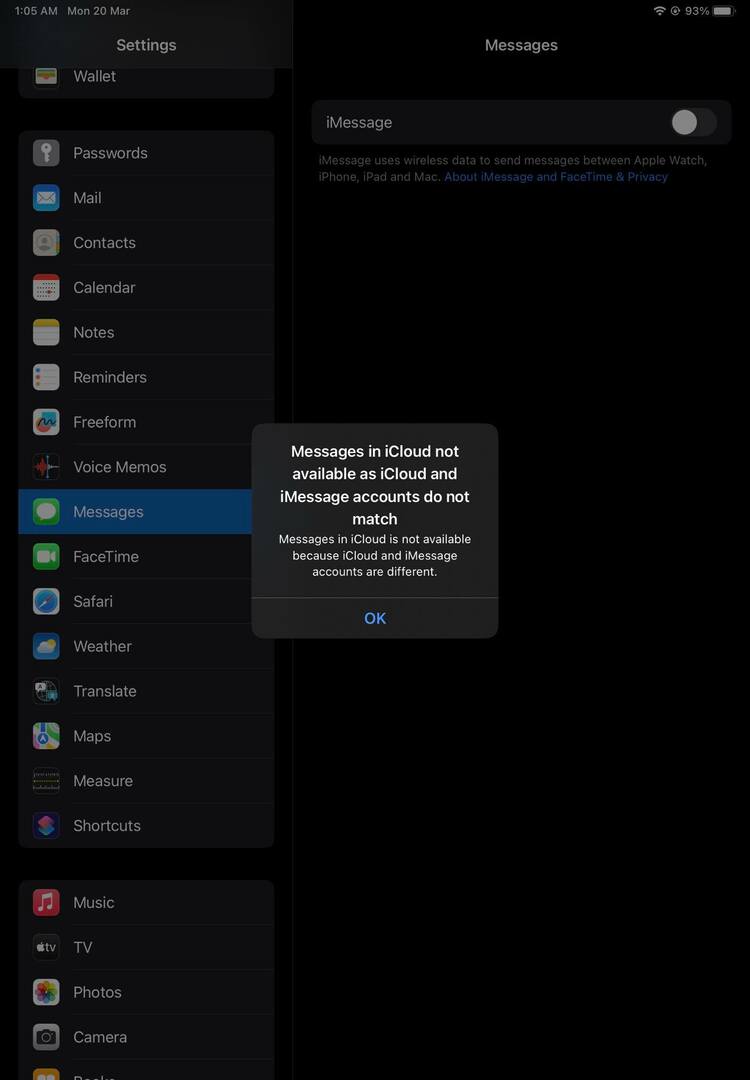 Uno screenshot per l'errore Messaggi in iCloud non disponibile su iPad