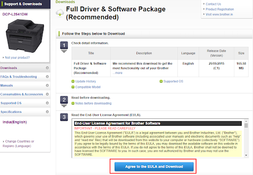 DCP L2541DW 드라이버를 다운로드하려면 EULA에 동의하십시오.