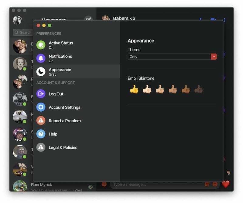 Sivá téma Facebook Messenger na MacBooku