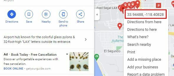 Współrzędne LAX Mapy Google