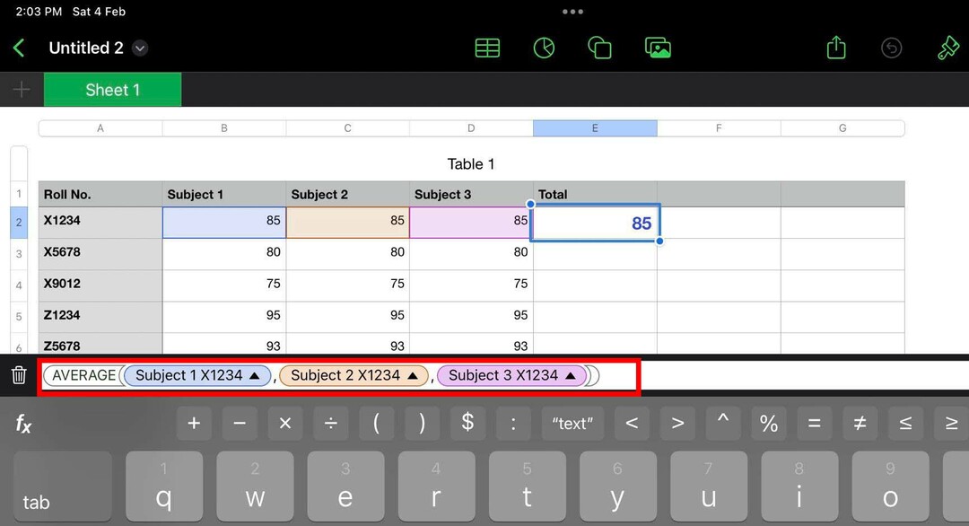 Въвеждане на формула в Numbers iPad