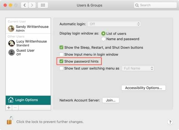 Системни предпочитания Показване на подсказка за парола Mac