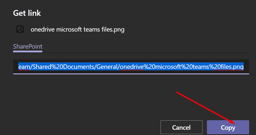 skopiuj łącze do punktu programu Microsoft Teams