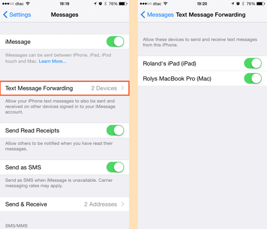 OS X Yosemite - SMS настройка на iPhone