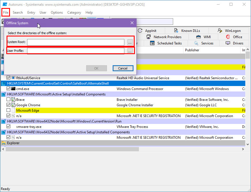 Analyser frakoblet system ved hjelp av Autoruns for Windows