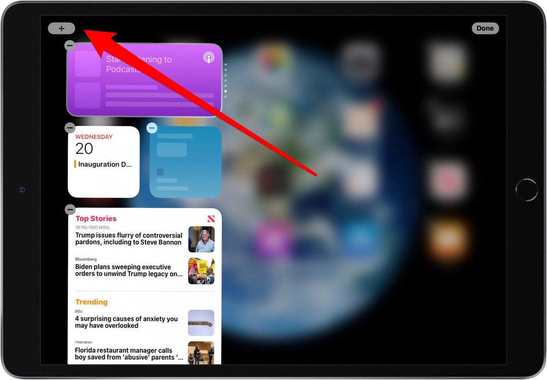 הקש על סמל הפלוס האפור כדי להוסיף ווידג'ט ב-iPad