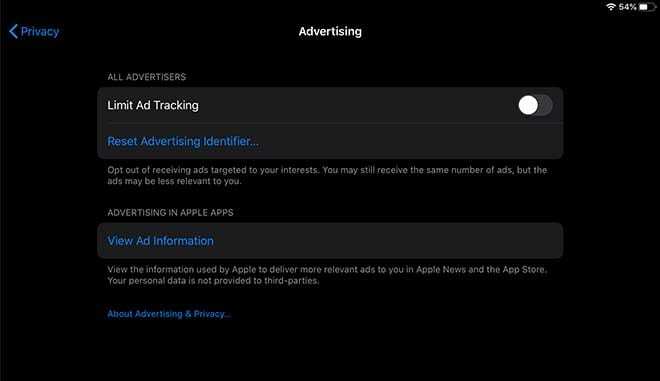 Paramètres iOS 13 - Suivi des publicités