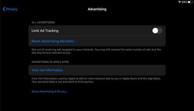iOS 13-Einstellungen – Anzeigenverfolgung