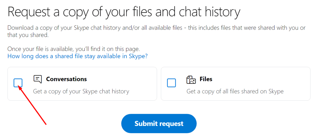 solicitați o copie a istoricului conversațiilor Skype