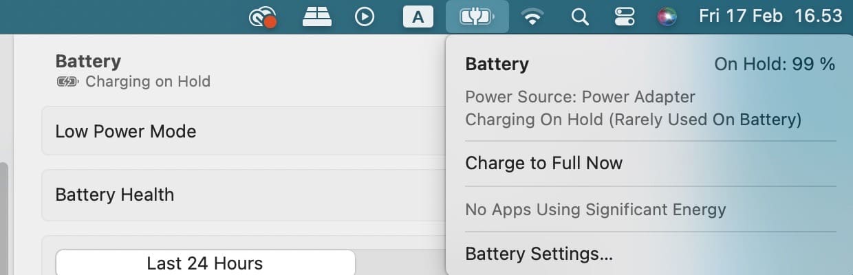 Snímek obrazovky Nabití baterie na plnou verzi Mac