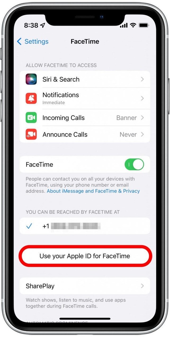 Bakstelėkite „FaceTime“ naudoti „Apple ID“.