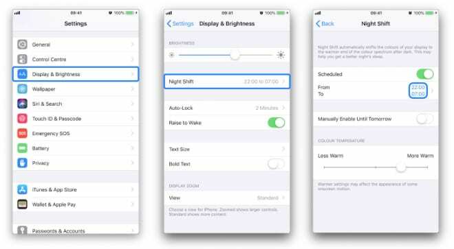 Tre iPhone-skjermbilder som navigerer til Night Shift-innstillingene og fremhever de relevante knappene