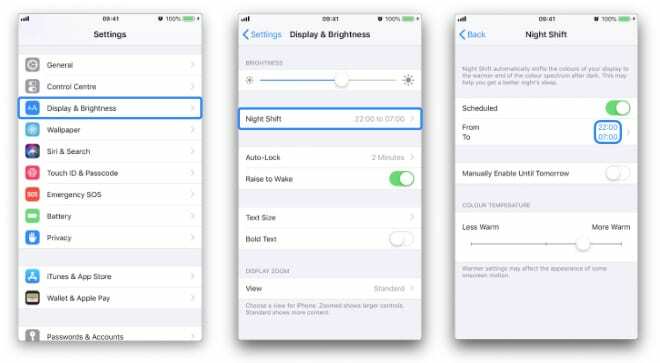 Trois captures d'écran de l'iPhone naviguant vers les paramètres Night Shift et mettant en surbrillance les boutons pertinents