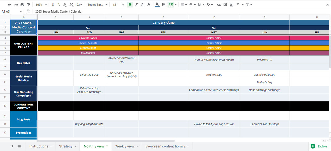 Una plantilla de calendario de redes sociales de Hootsuite