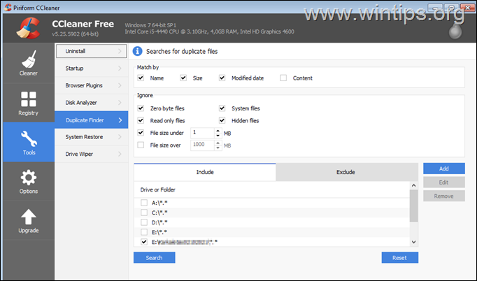 CCleaner Поиск дубликатов