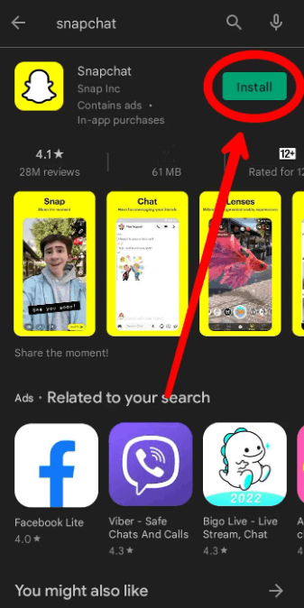 ติดตั้งแอพ snapchat อีกครั้ง