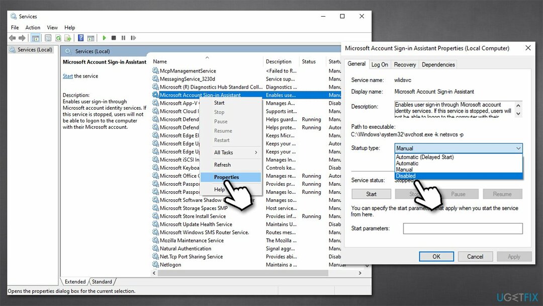 Zakažte službu Microsoft Account Sign-in Assistant