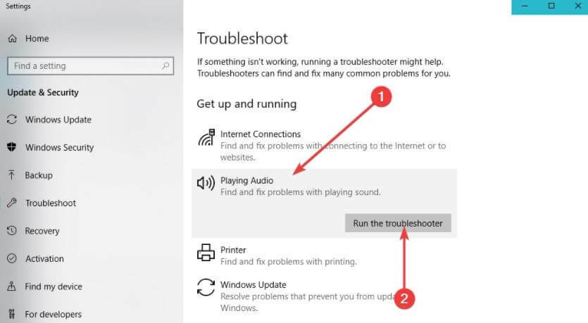 คลิก On Playing Audio Option จากนั้นคลิกที่ Run the Troubleshooter